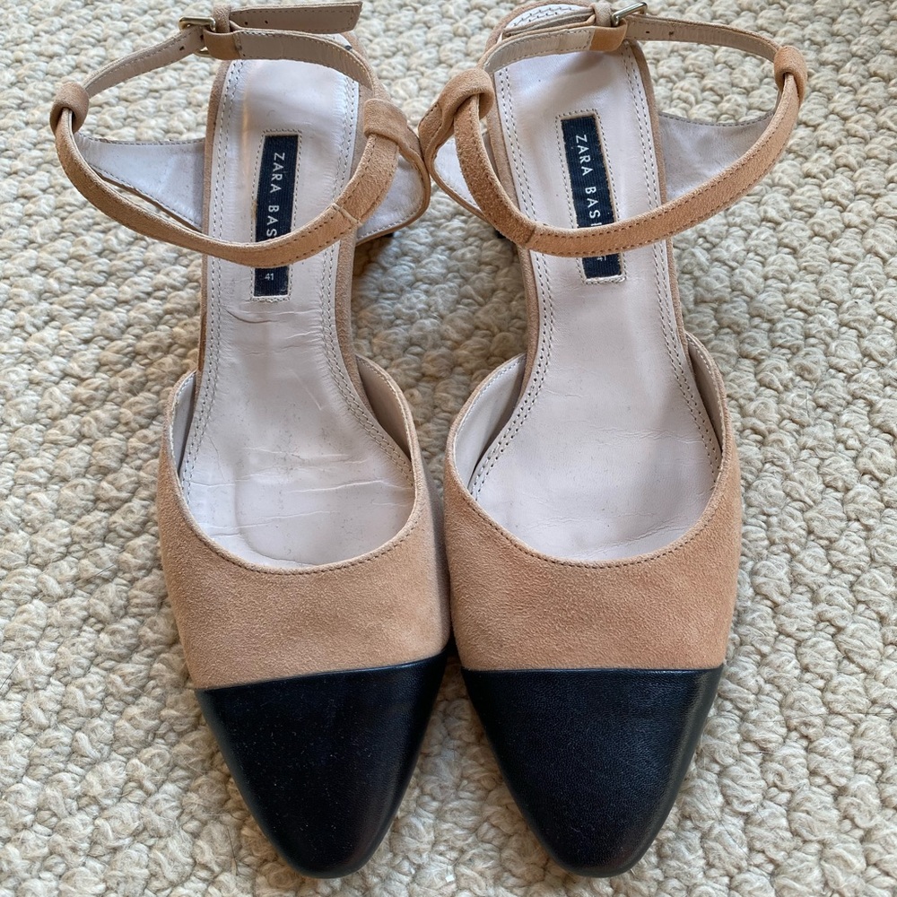 Zara Black and Tan Ankle Strap Low Heels